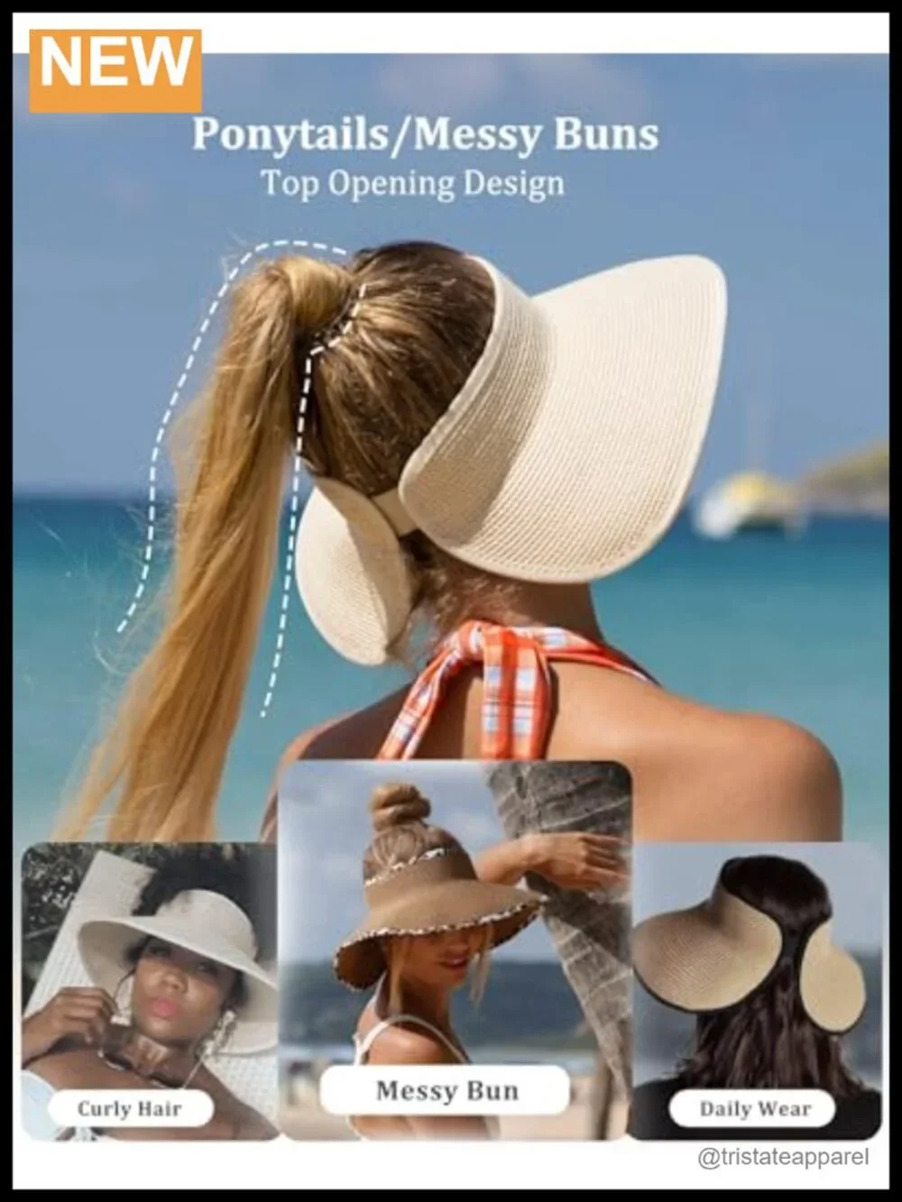 Wide Brim Straw Visor Sun Hat with Ponytail Hole